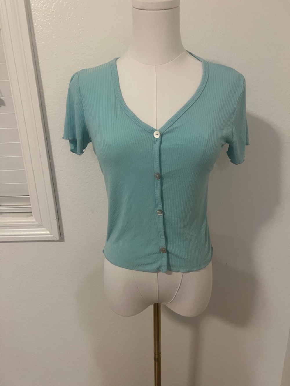Ribbed Button-Down V-Neck Top in Aqua
